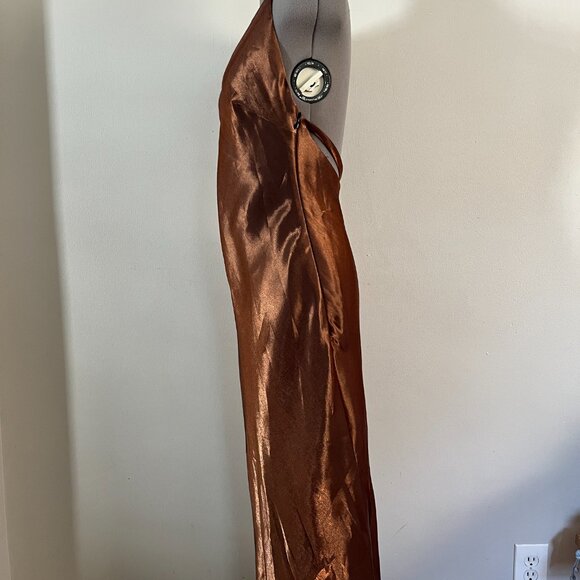 VTG 90's Geometrie Sz 8 Metallic Brown T Back Slinky Maxi Dress - Picture 4 of 9